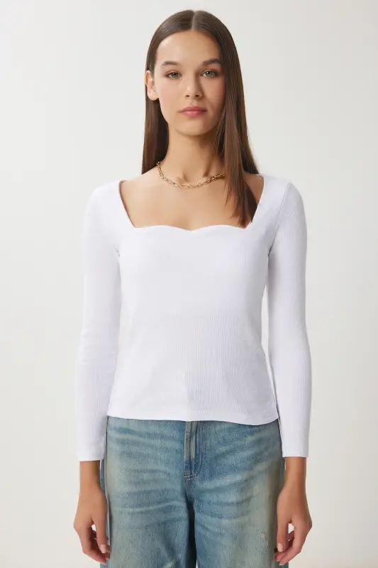 Kadın Beyaz Kalp Yaka Fitilli Örme Bluz GT00100 - Beyaz - 7