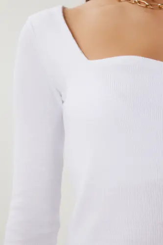 Kadın Beyaz Kalp Yaka Fitilli Örme Bluz GT00100 - Beyaz - 8