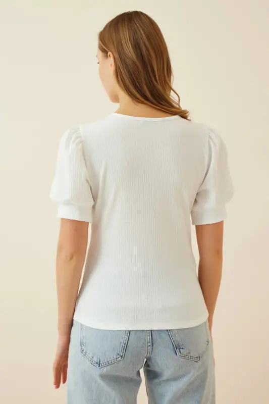 Kadın Beyaz Kare Yaka Balon Kollu Örme Bluz DD01051-Beyaz - 4