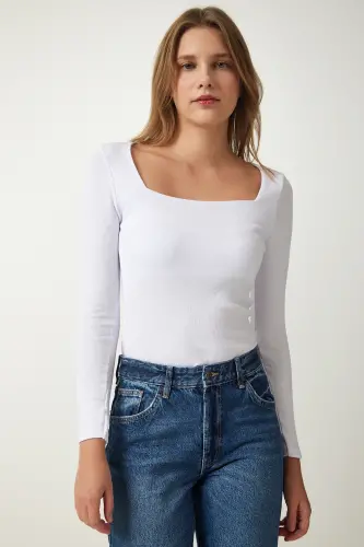 Kadın Beyaz Kare Yaka Fitilli Örme Bluz GT00052 - Beyaz - 3