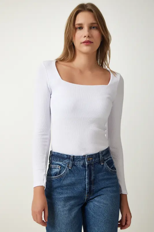 Kadın Beyaz Kare Yaka Fitilli Örme Bluz GT00052 - Beyaz - 3