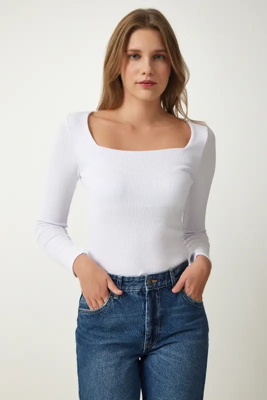 Kadın Beyaz Kare Yaka Fitilli Örme Bluz GT00052 - Beyaz - 4