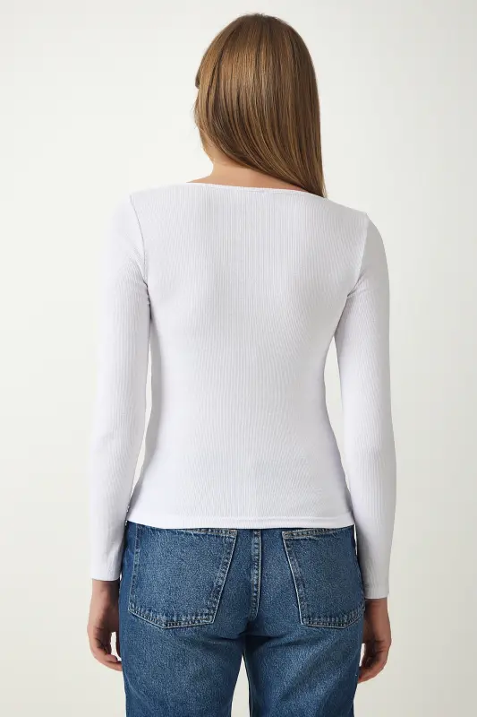 Kadın Beyaz Kare Yaka Fitilli Örme Bluz GT00052 - Beyaz - 6