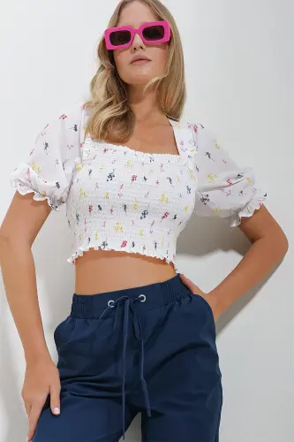 Kadın Beyaz Kare Yaka Karpuz Kol Gipeli Crop Keten Bluz ALC-X11651-BEYAZ - 1