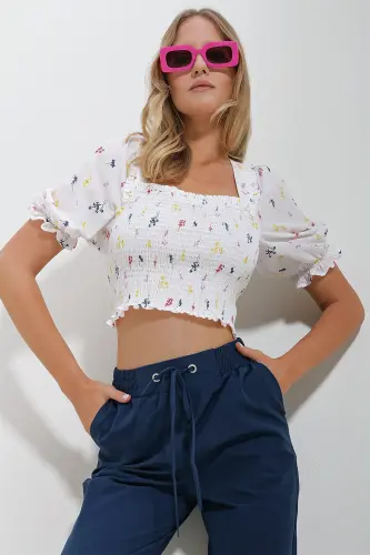 Kadın Beyaz Kare Yaka Karpuz Kol Gipeli Crop Keten Bluz ALC-X11651-BEYAZ - 3