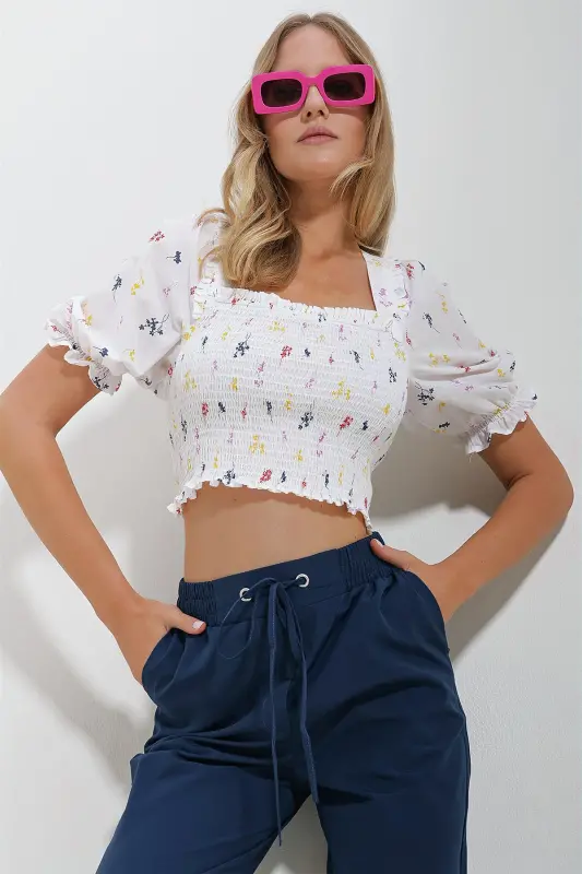 Kadın Beyaz Kare Yaka Karpuz Kol Gipeli Crop Keten Bluz ALC-X11651-BEYAZ - 3