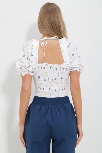 Kadın Beyaz Kare Yaka Karpuz Kol Gipeli Crop Keten Bluz ALC-X11651-BEYAZ - 5