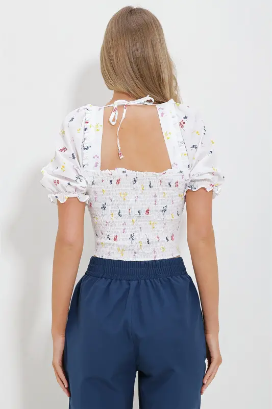 Kadın Beyaz Kare Yaka Karpuz Kol Gipeli Crop Keten Bluz ALC-X11651-BEYAZ - 5