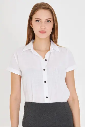Kadın Beyaz Kısa Kol Keten Gömlek ARM-24Y001038-Beyaz 