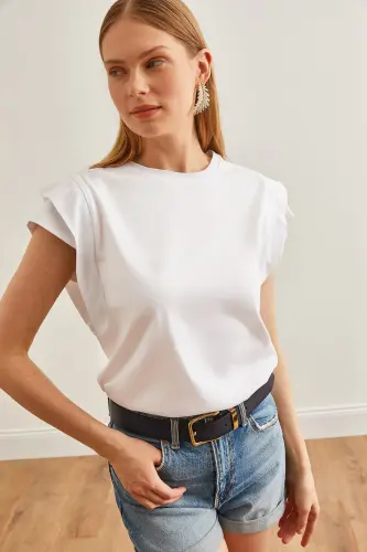 Kadın Beyaz Kol Detaylı Pamuk Tişört TSH-19000819-Beyaz 