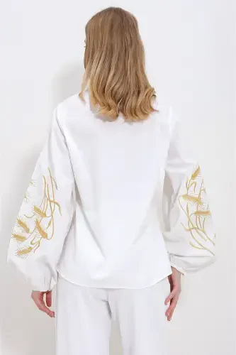 Kadın Beyaz Kolları İşlemeli Poplin Dokuma Gömlek ALC-X11374-BEYAZ - 4