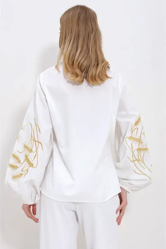 Kadın Beyaz Kolları İşlemeli Poplin Dokuma Gömlek ALC-X11374-BEYAZ - 4