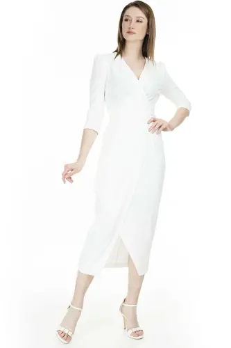 Kadın Beyaz Kruvaze Avelop Truvakar Krep Şık Elbise-Beyaz - 3