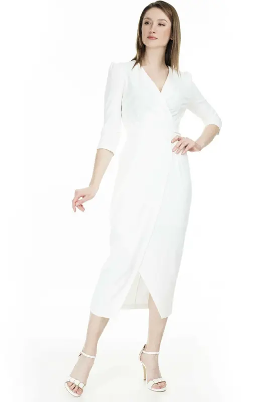Kadın Beyaz Kruvaze Avelop Truvakar Krep Şık Elbise-Beyaz - 3