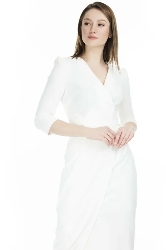Kadın Beyaz Kruvaze Avelop Truvakar Krep Şık Elbise-Beyaz - 4