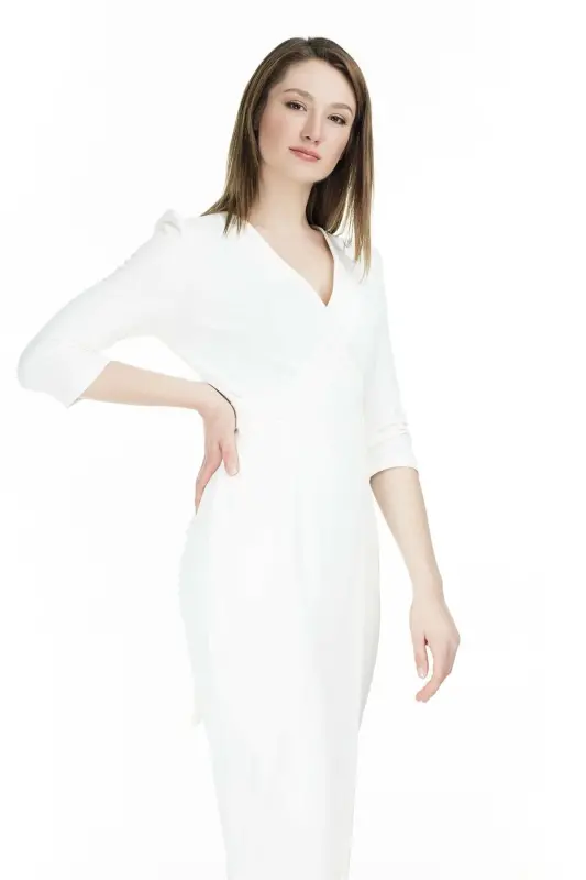 Kadın Beyaz Kruvaze Avelop Truvakar Krep Şık Elbise-Beyaz - 5