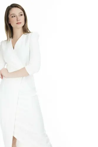 Kadın Beyaz Kruvaze Avelop Truvakar Krep Şık Elbise-Beyaz - 6