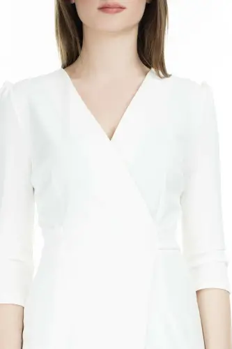 Kadın Beyaz Kruvaze Avelop Truvakar Krep Şık Elbise-Beyaz - 7