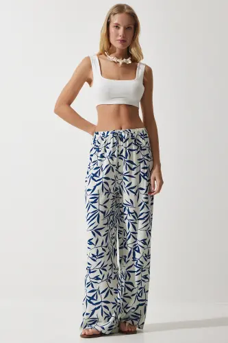 Kadın Beyaz Lacivert Desenli Dökümlü Viskon Palazzo Pantolon EN00606-Beyaz Lacivert - HAPPINESS İSTANBUL (1)