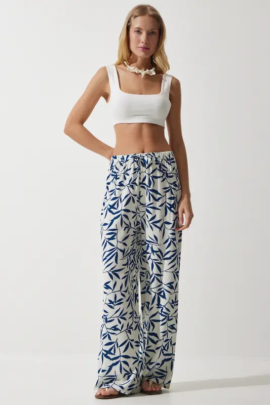 Kadın Beyaz Lacivert Desenli Dökümlü Viskon Palazzo Pantolon EN00606-Beyaz Lacivert - 2