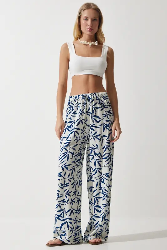 Kadın Beyaz Lacivert Desenli Dökümlü Viskon Palazzo Pantolon EN00606-Beyaz Lacivert - 3