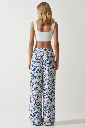 Kadın Beyaz Lacivert Desenli Dökümlü Viskon Palazzo Pantolon EN00606-Beyaz Lacivert - 6