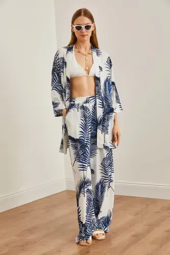 Kadın Beyaz Lacivert Üst Kimono Alt Cepli Palazzo Pantolon Takım TKM-19000293 - 4
