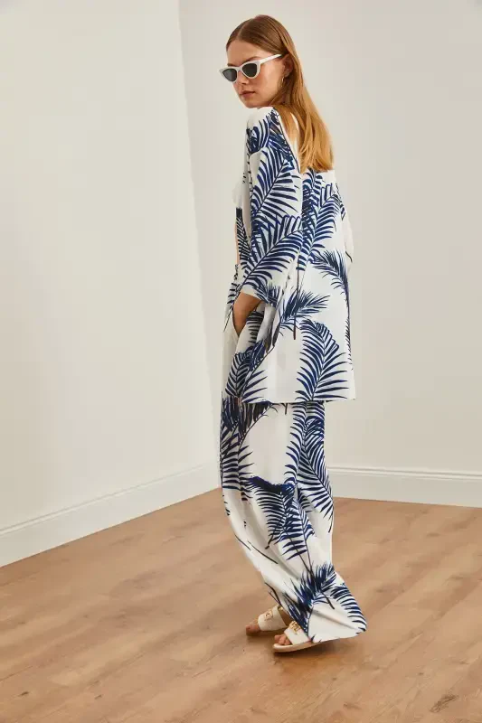 Kadın Beyaz Lacivert Üst Kimono Alt Cepli Palazzo Pantolon Takım TKM-19000293 - 7