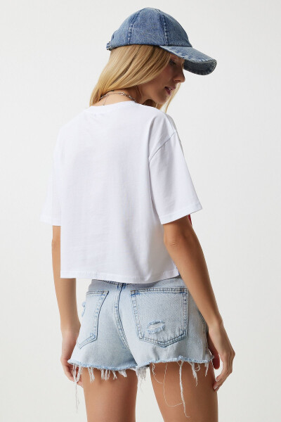 Kadın Beyaz Mavi Bisiklet Yaka Çizgili Örme T-Shirt NJ00151 - 6