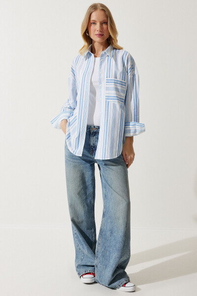 Kadın Beyaz Mavi Çizgili Pamuklu Oversize Gömlek HK00034 - 6