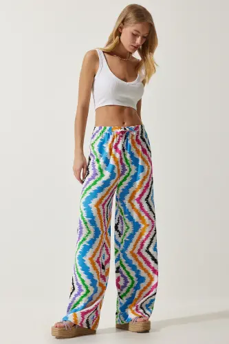 Kadın Beyaz Mavi Desenli Dökümlü Viskon Palazzo Pantolon EN00606-Beyaz Mavi - 1