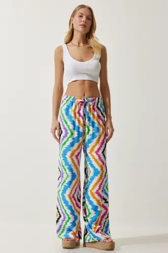 Kadın Beyaz Mavi Desenli Dökümlü Viskon Palazzo Pantolon EN00606-Beyaz Mavi - 2