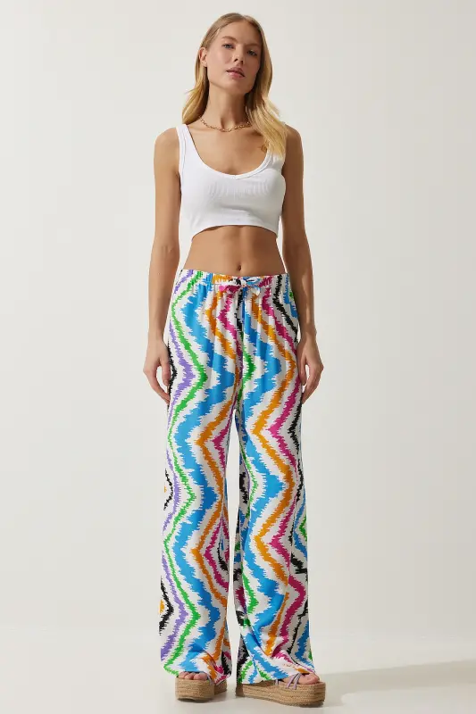 Kadın Beyaz Mavi Desenli Dökümlü Viskon Palazzo Pantolon EN00606-Beyaz Mavi - 2