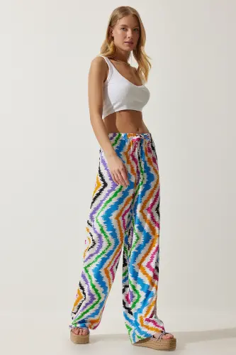 Kadın Beyaz Mavi Desenli Dökümlü Viskon Palazzo Pantolon EN00606-Beyaz Mavi - 3