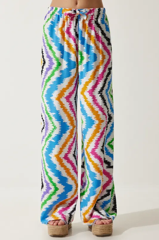 Kadın Beyaz Mavi Desenli Dökümlü Viskon Palazzo Pantolon EN00606-Beyaz Mavi - 4