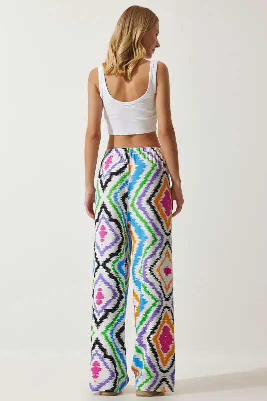 Kadın Beyaz Mavi Desenli Dökümlü Viskon Palazzo Pantolon EN00606-Beyaz Mavi - 6