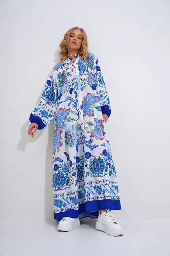 Kadın Beyaz-Mavi Hakim Yaka Şal Desenli Maxi Boy Elbise ALC-X11593 - BEYAZ-MAVİ - 2