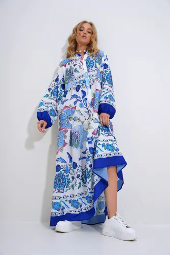 Kadın Beyaz-Mavi Hakim Yaka Şal Desenli Maxi Boy Elbise ALC-X11593 - BEYAZ-MAVİ - 3