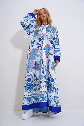 Kadın Beyaz-Mavi Hakim Yaka Şal Desenli Maxi Boy Elbise ALC-X11593 - BEYAZ-MAVİ - 6