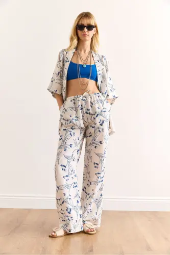 Kadın Beyaz Mavi Üst Kimono Alt Cepli Palazzo Pantolon Takım TKM-19000382 - 2