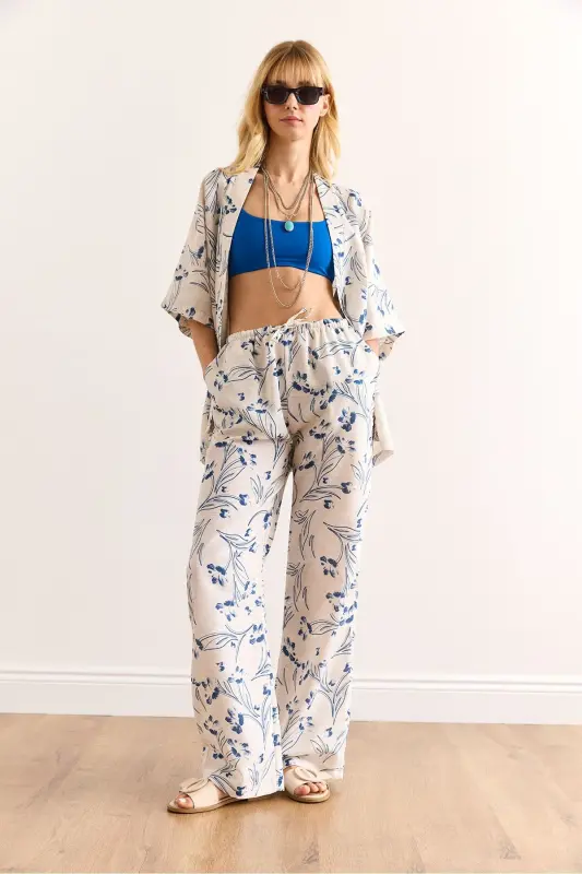 Kadın Beyaz Mavi Üst Kimono Alt Cepli Palazzo Pantolon Takım TKM-19000382 - 2