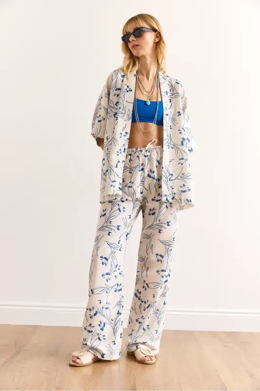 Kadın Beyaz Mavi Üst Kimono Alt Cepli Palazzo Pantolon Takım TKM-19000382 - 3