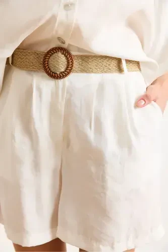 Kadın Beyaz Modal Üst Gömlek Alt Kemerli Şort Takım TKM-19000403-Beyaz - 7