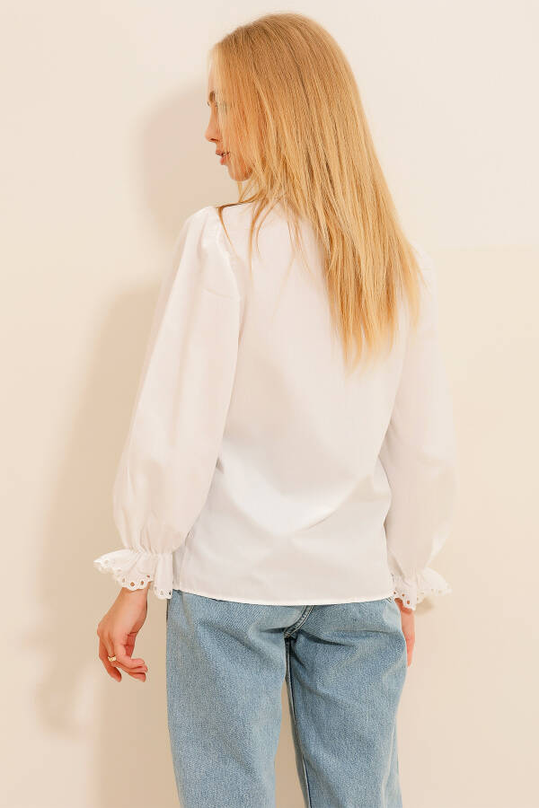 Kadın Beyaz Nakış İşlemeli Balon Kol Poplin Gömlek Alc-X11137 - 8