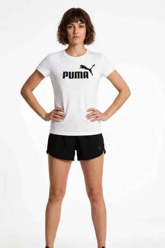 Kadın Beyaz Pamuklu Tişört - Siyah Logo Baskılı Sportif T-Shirt - Beyaz-C5 - 1