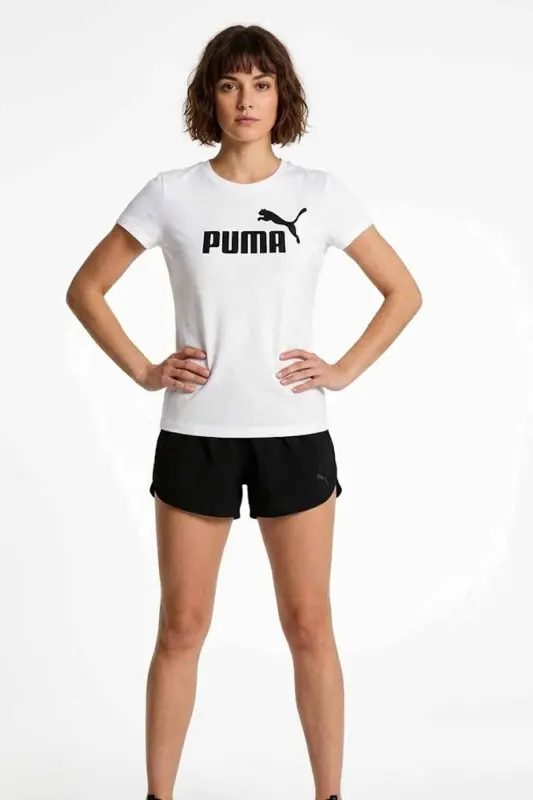 Kadın Beyaz Pamuklu Tişört - Siyah Logo Baskılı Sportif T-Shirt - Beyaz-C5 - 1