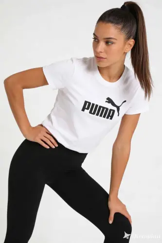 Kadın Beyaz Pamuklu Tişört - Siyah Logo Baskılı Sportif T-Shirt - Beyaz-C5 - 2
