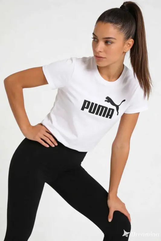 Kadın Beyaz Pamuklu Tişört - Siyah Logo Baskılı Sportif T-Shirt - Beyaz-C5 - 2