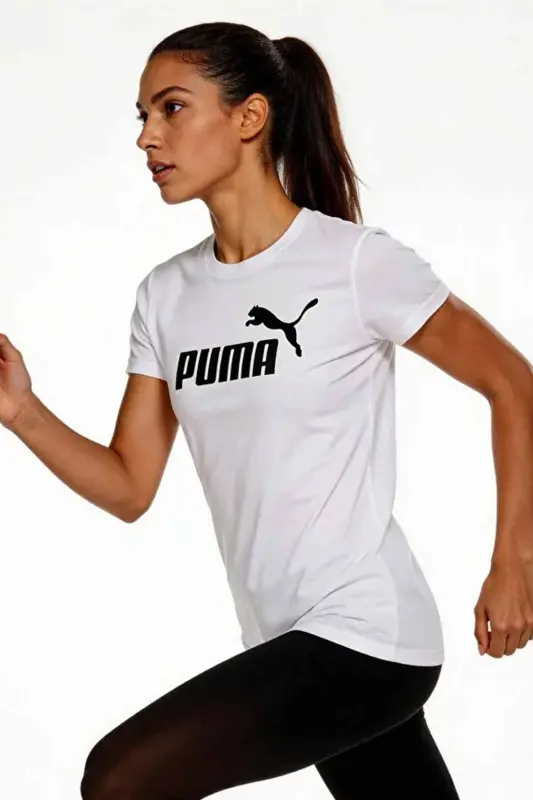 Kadın Beyaz Pamuklu Tişört - Siyah Logo Baskılı Sportif T-Shirt - Beyaz-C5 - 4