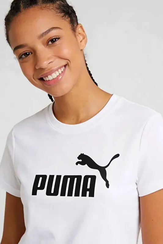 Kadın Beyaz Pamuklu Tişört - Siyah Logo Baskılı Sportif T-Shirt - Beyaz-C5 - 5